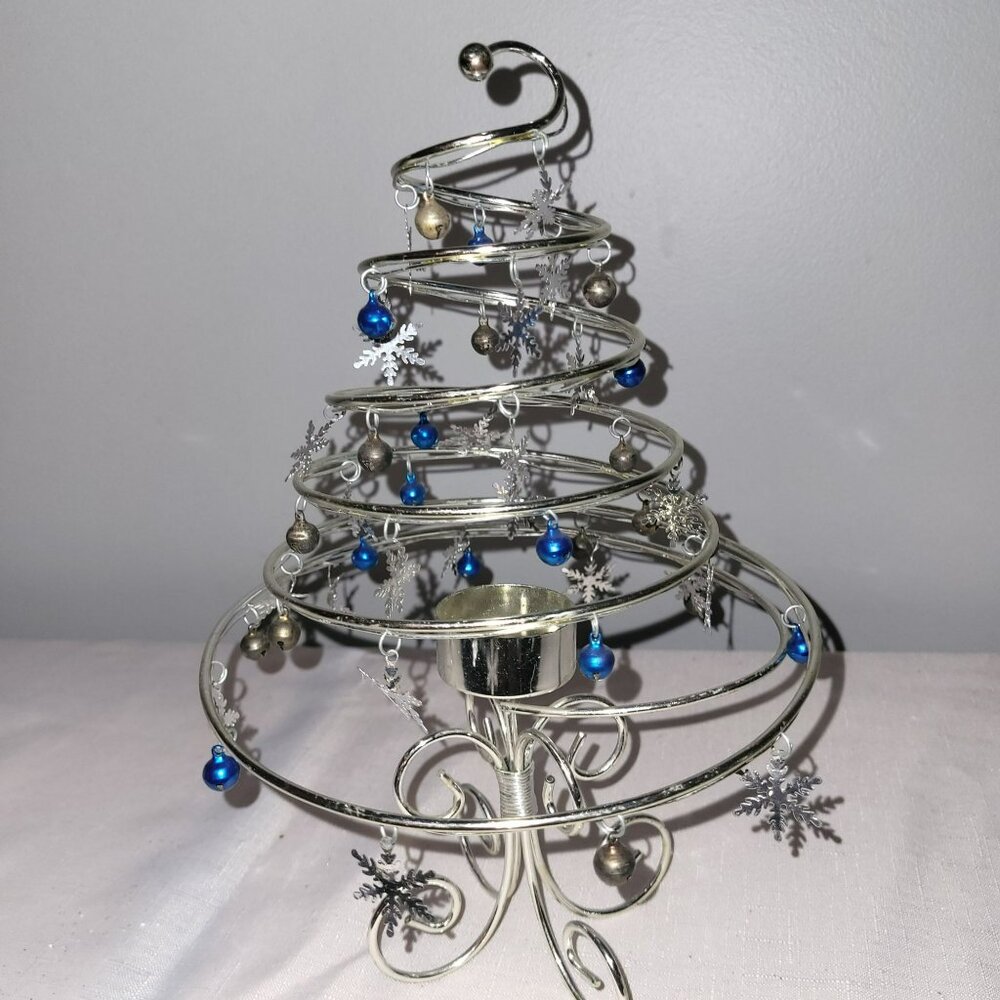 Metal Spiral Christmas Tree Candle Holder With Blue & Silver Ornaments